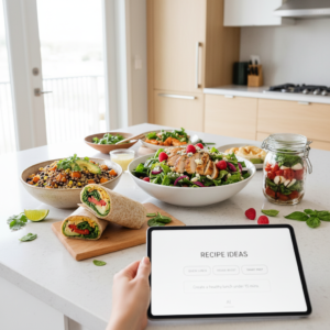 An overhead view of various healthy lunch dishes on a kitchen counter, with a human hand using a recipe generation app on a tablet.