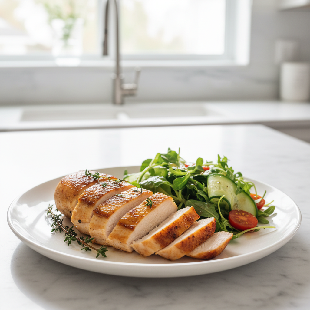 Close-up of a golden-brown, sliced pan-seared chicken breast on a white plate with a fresh green salad.
