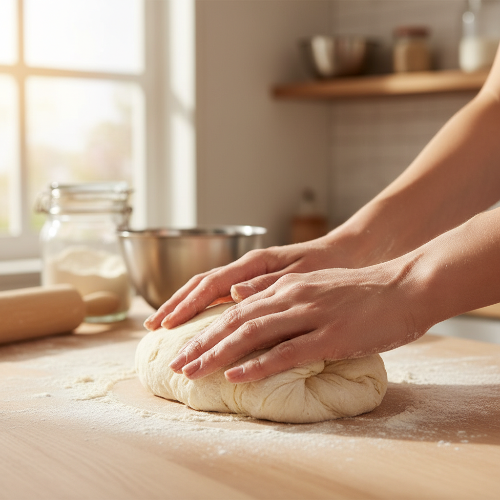 Close-up of human hands gently kneading soft, elastic yeast dough on a lightly floured wooden countertop.