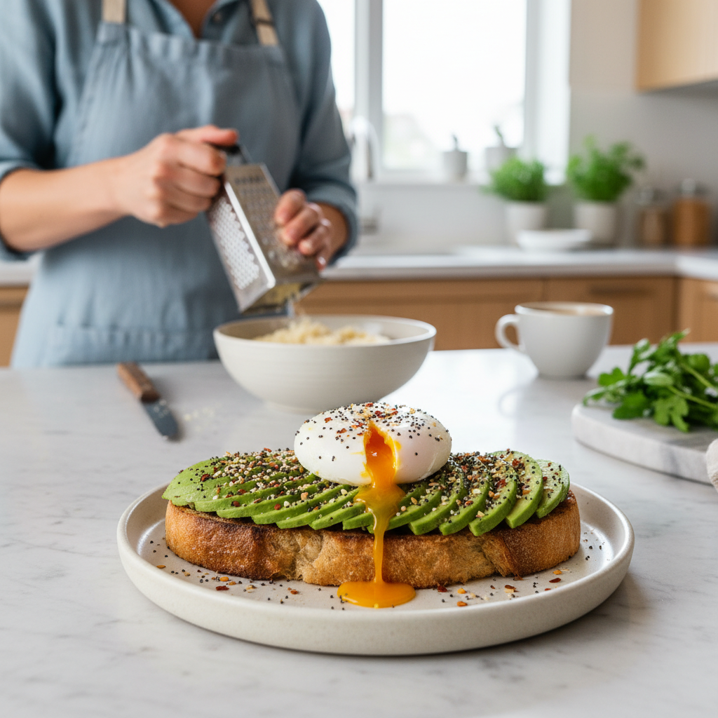 Gourmet avocado toast with a poached egg, red pepper flakes, and everything bagel seasoning on a ceramic plate.