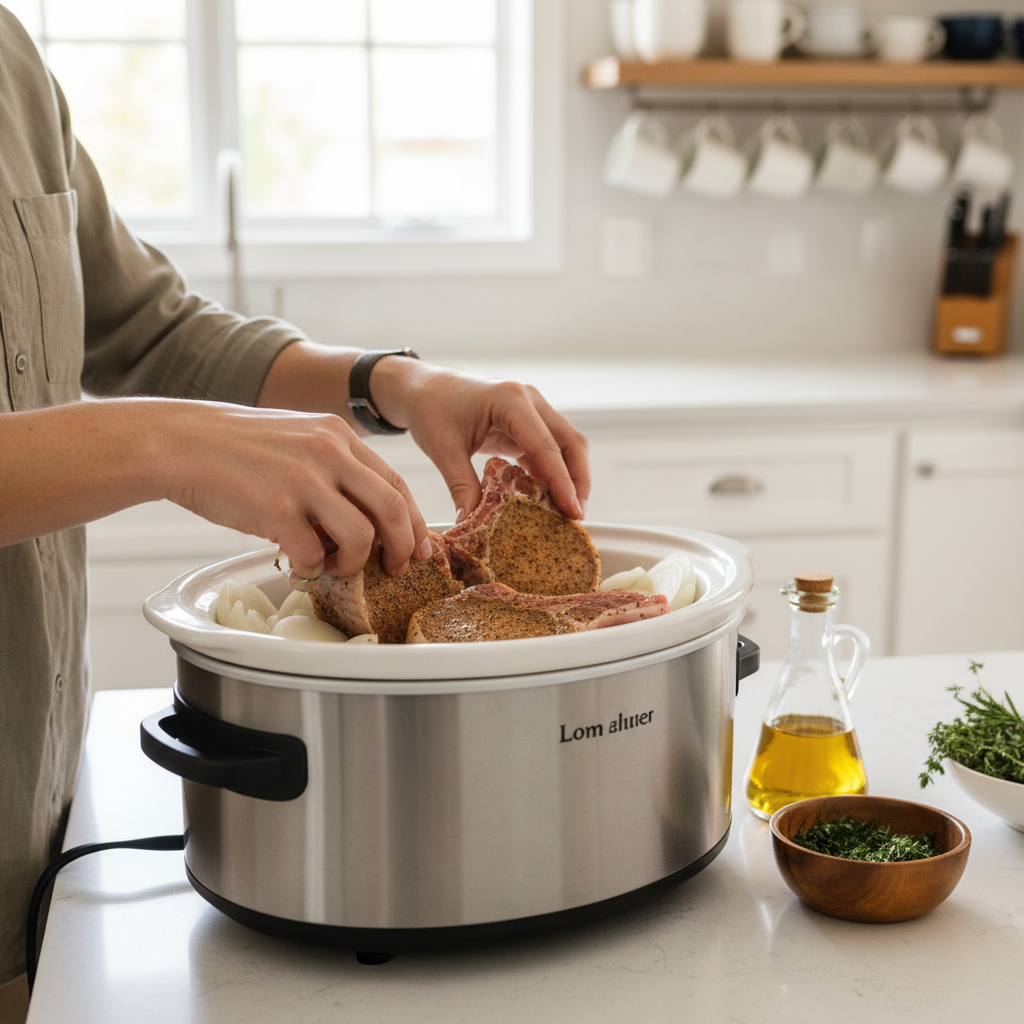 Hands placing seasoned pork chops into a slow cooker in a bright kitchen.