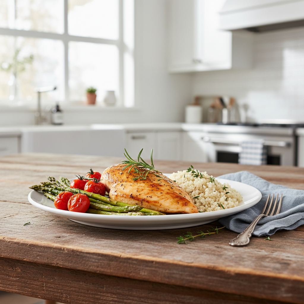 Herb-baked chicken breast served with roasted asparagus, cherry tomatoes, and quinoa on a plate.
