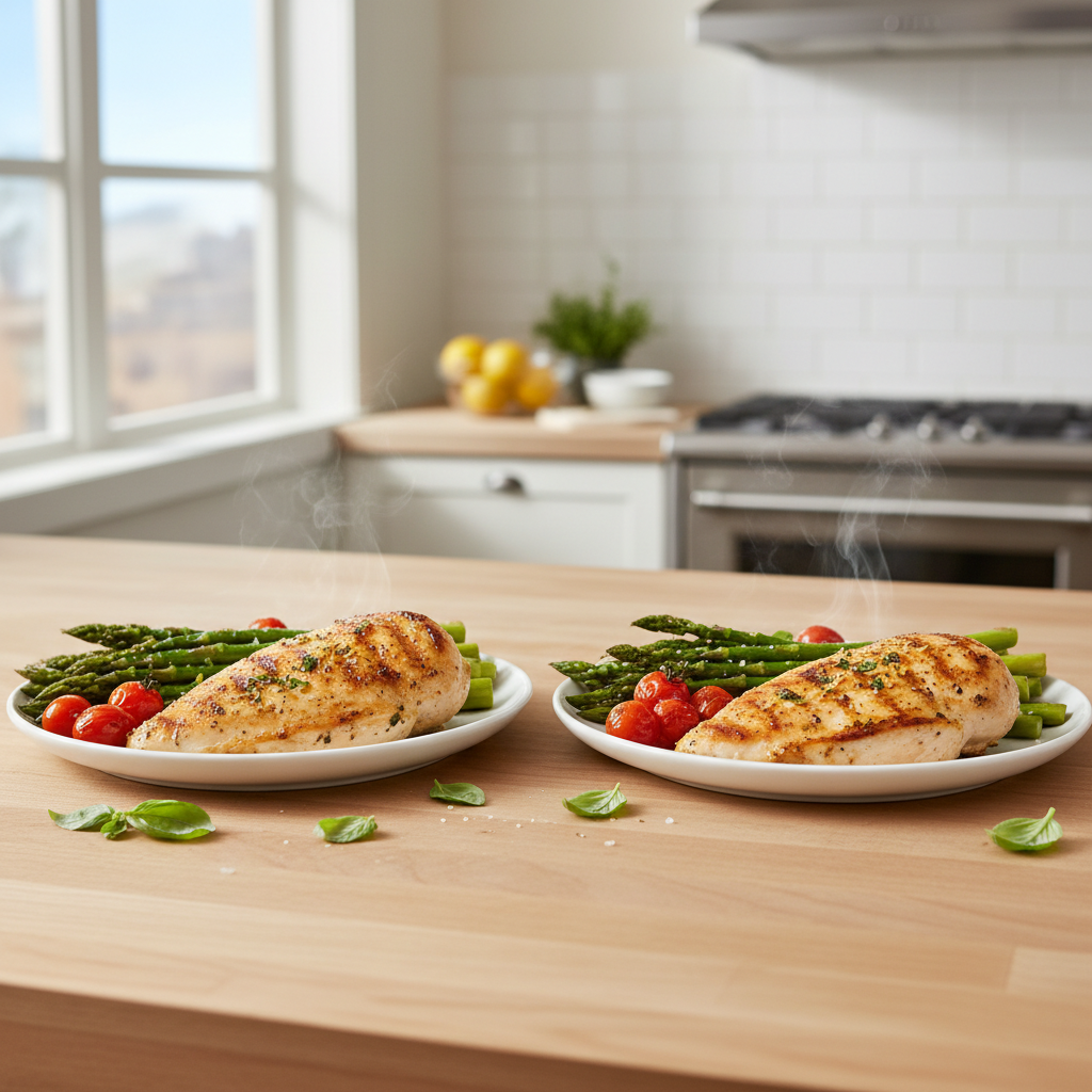 Lemon herb chicken with roasted asparagus and cherry tomatoes, beautifully plated for two on a modern kitchen counter.