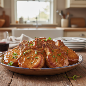 Tender slow cooker pork chops with savory sauce, garnished with fresh herbs, ready to be served on a rustic table.