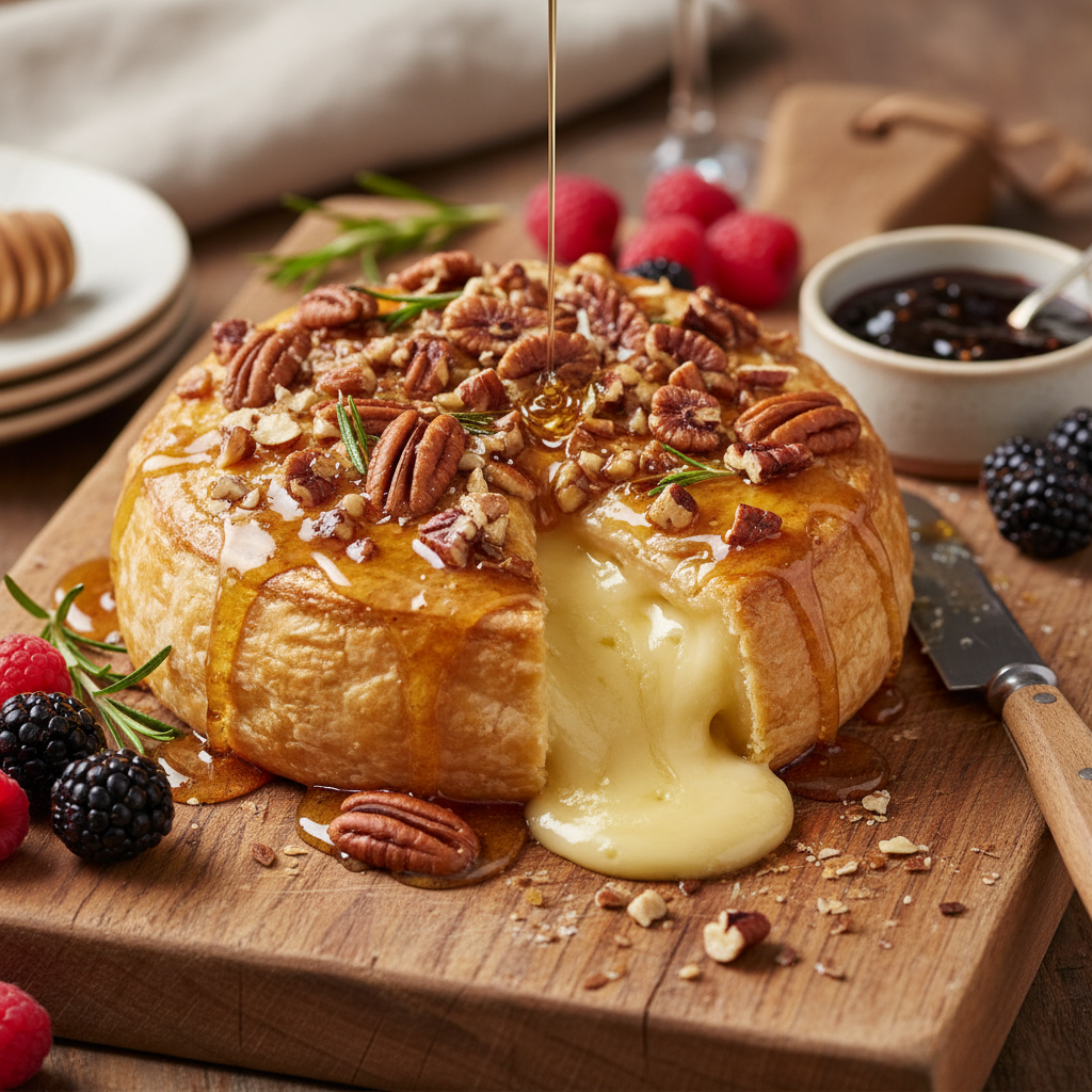 A baked brie topped with golden honey, toasted pecans, and fresh rosemary, served on a wooden board with fresh berries and fig jam.
