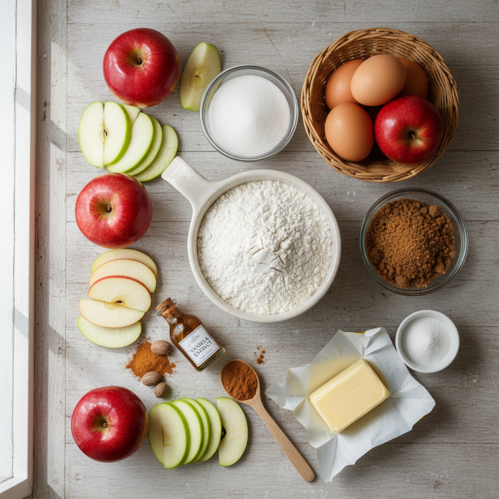 A beautifully arranged flat lay of all the raw ingredients for an apple cake, including apples, flour, sugar, eggs, and spices.
