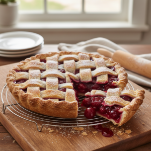 A beautifully baked homemade cherry pie with a golden, flaky lattice crust and a slice removed, revealing the vibrant red cherry filling.