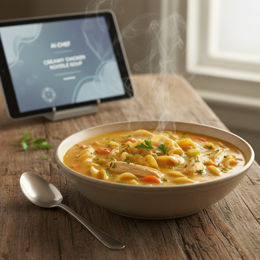 A beautifully plated bowl of creamy chicken noodle soup with fresh parsley, on a rustic table, hinting at AI recipe guidance.