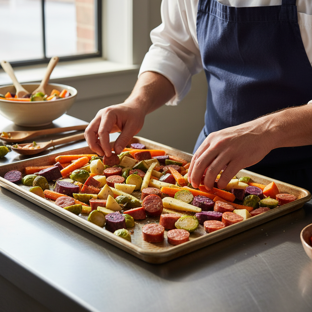 A chef's hands expertly arranging chopped vegetables and sausage evenly on a sheet pan for perfect cooking.