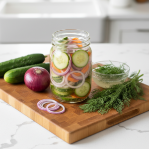 A clear glass jar filled with vibrant quick pickles, including sliced cucumbers, red onions, carrots, and fresh dill, presented on a wooden cutting board with fresh ingredients in a brightly lit kitchen.