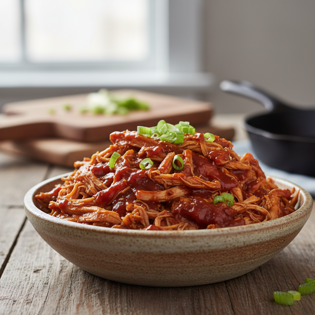 A close-up of a bowl of tender, saucy pulled BBQ chicken, garnished with fresh green onions.