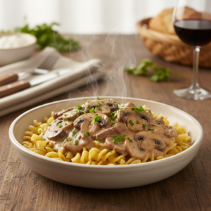 A close-up of a creamy and delicious Beef Stroganoff served over egg noodles, garnished with fresh parsley.