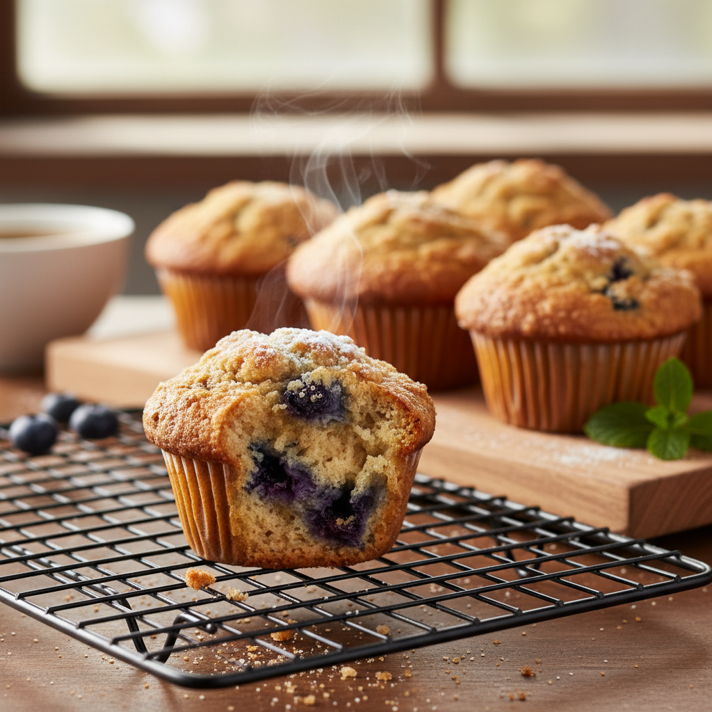 A close-up of a freshly baked, moist muffin, with a piece torn off to show the fluffy interior, resting on a cooling rack.