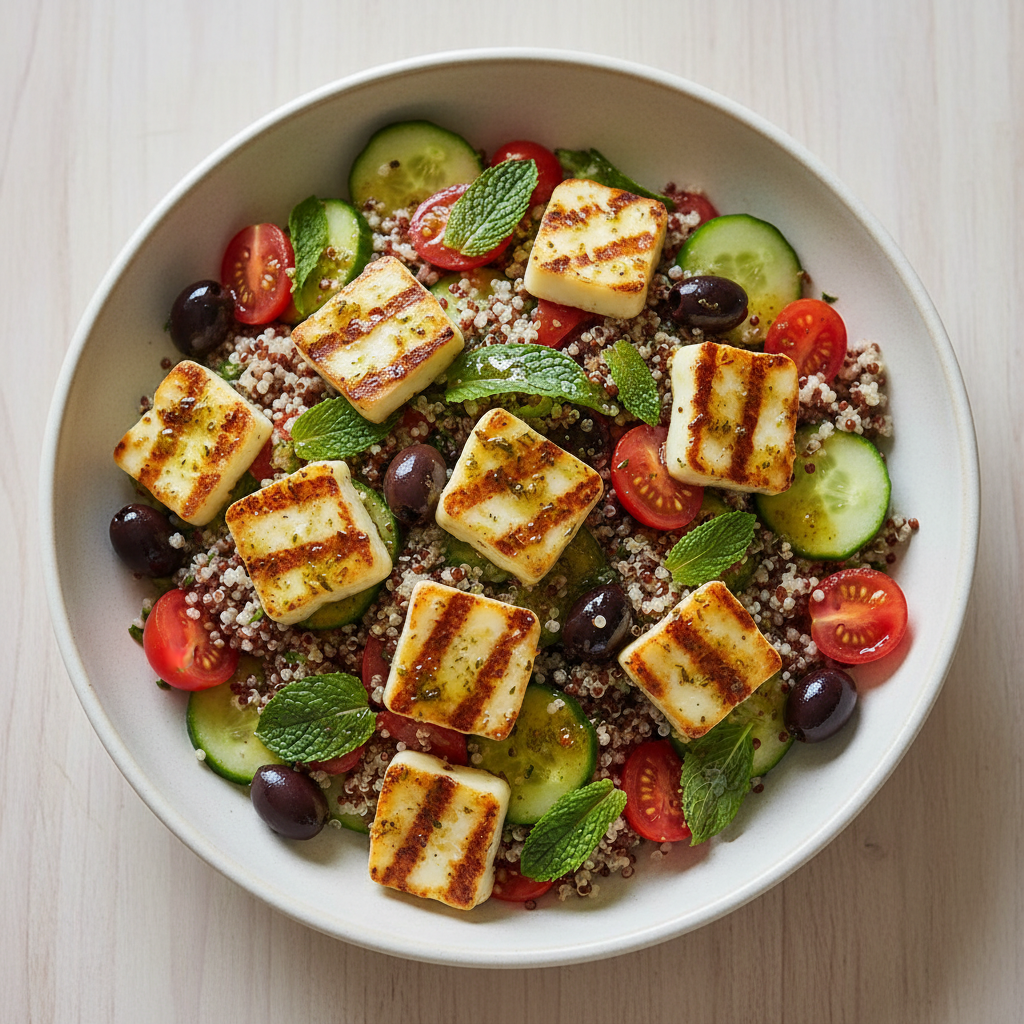 A close-up of a vibrant Mediterranean quinoa salad bowl with grilled halloumi cheese and fresh herbs.