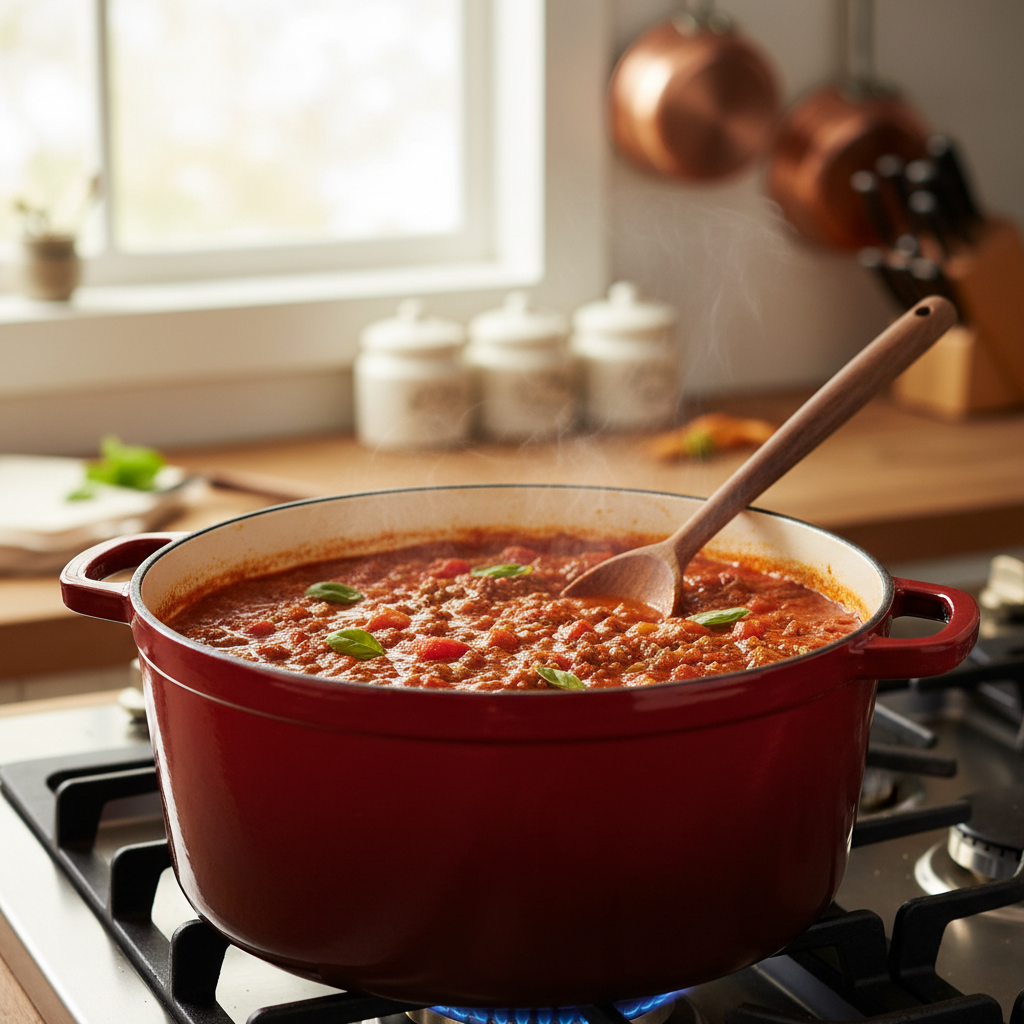 A close-up of rich, red homemade spaghetti sauce simmering in a rustic pot on a stovetop.