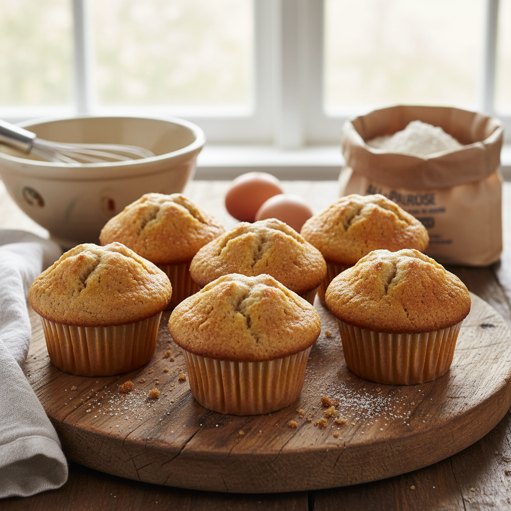 A close-up of several warm, golden-brown muffins with domed tops on a wooden board, fresh from the oven.