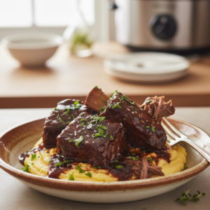 A close-up, professional food photograph of tender, saucy slow cooker beef short ribs served in a rustic bowl with fresh herbs.