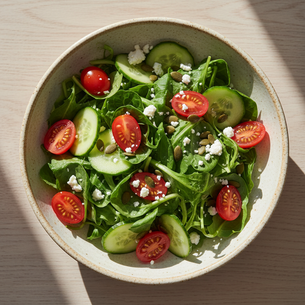 A close-up, top-down view of a fresh, simple salad with mixed greens, cherry tomatoes, cucumber, and feta cheese in a ceramic bowl.
