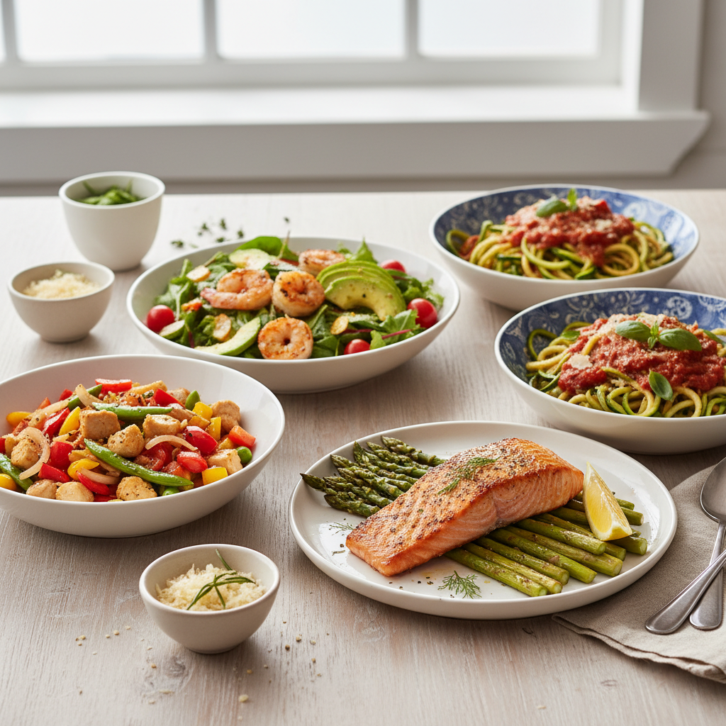 A collection of healthy, low-carb dinner dishes including seared salmon with asparagus, chicken stir-fry, and a fresh salad, arranged on a table.
