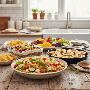 A colorful and inviting spread of various easy-to-make potluck dishes, including pasta salad, mini quiches, a fruit platter, and a layered dip, beautifully arranged on a wooden table.
