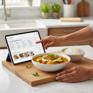 A colorful, delicious vegetarian meal artfully plated on a kitchen counter, with a tablet displaying an AI-powered recipe application next to it, and a person's hands reaching for the screen.