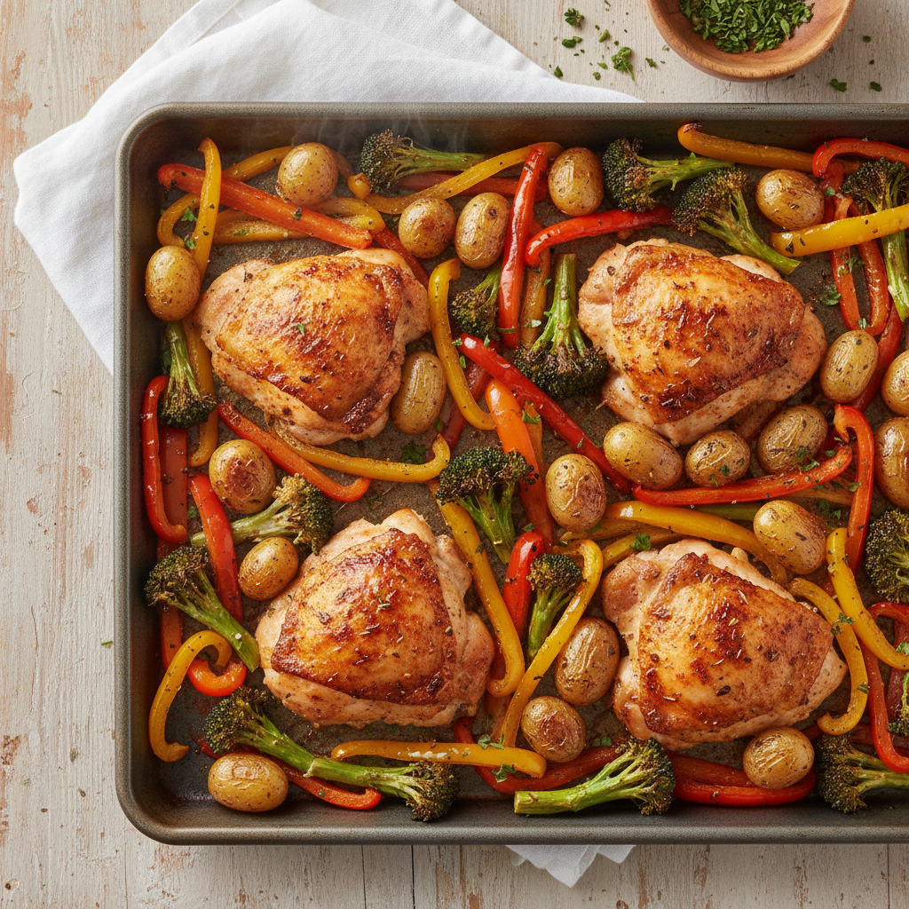 A colorful sheet pan dinner featuring roasted chicken, broccoli, bell peppers, and potatoes, fresh out of the oven and ready to serve.