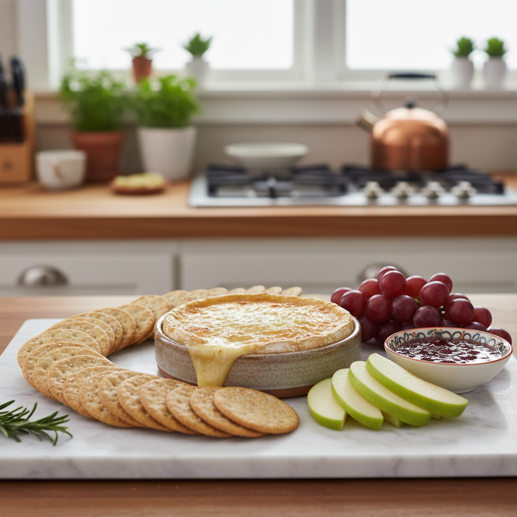 A complete baked brie appetizer spread with crackers, apple slices, grapes, and pepper jelly on a marble board.