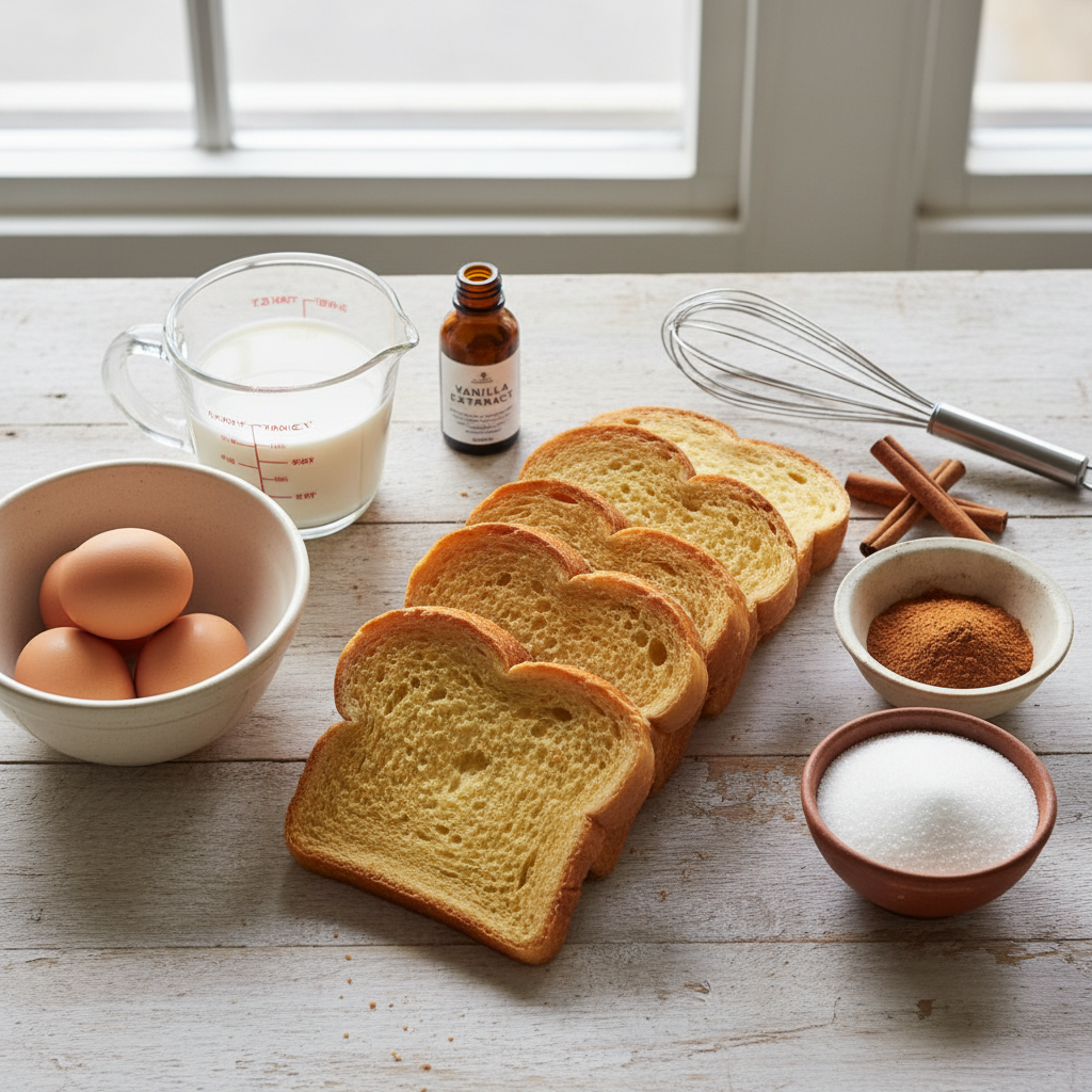 A flat lay of French toast ingredients including bread, eggs, milk, vanilla, cinnamon, and sugar.