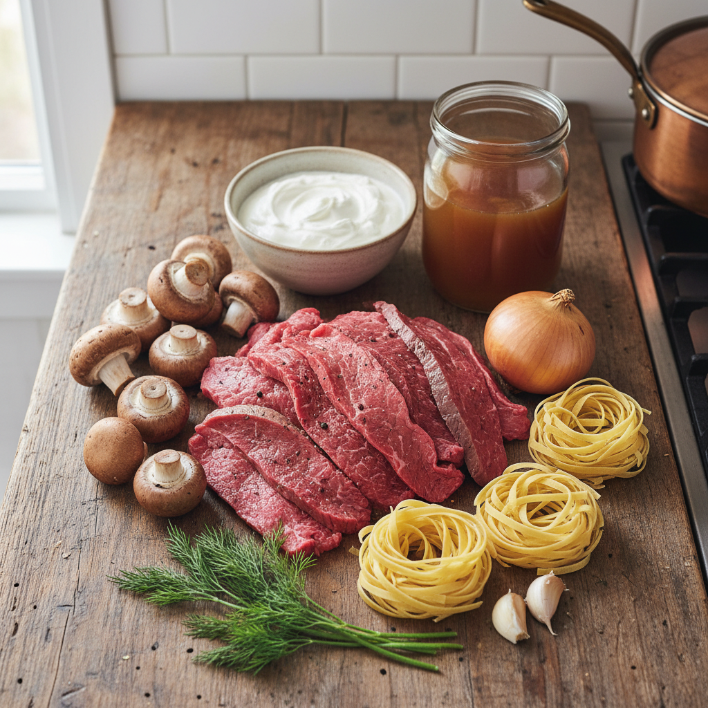 A flat lay of fresh ingredients for beef stroganoff, including steak, mushrooms, sour cream, and noodles, on a wooden counter.