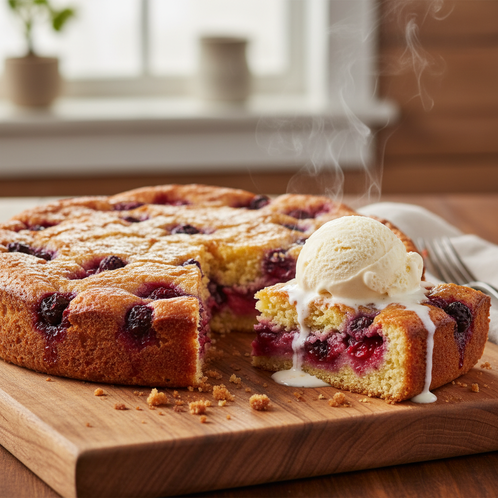 A freshly baked, warm dump cake with a scoop of melting vanilla ice cream on a slice, presented on a wooden board.