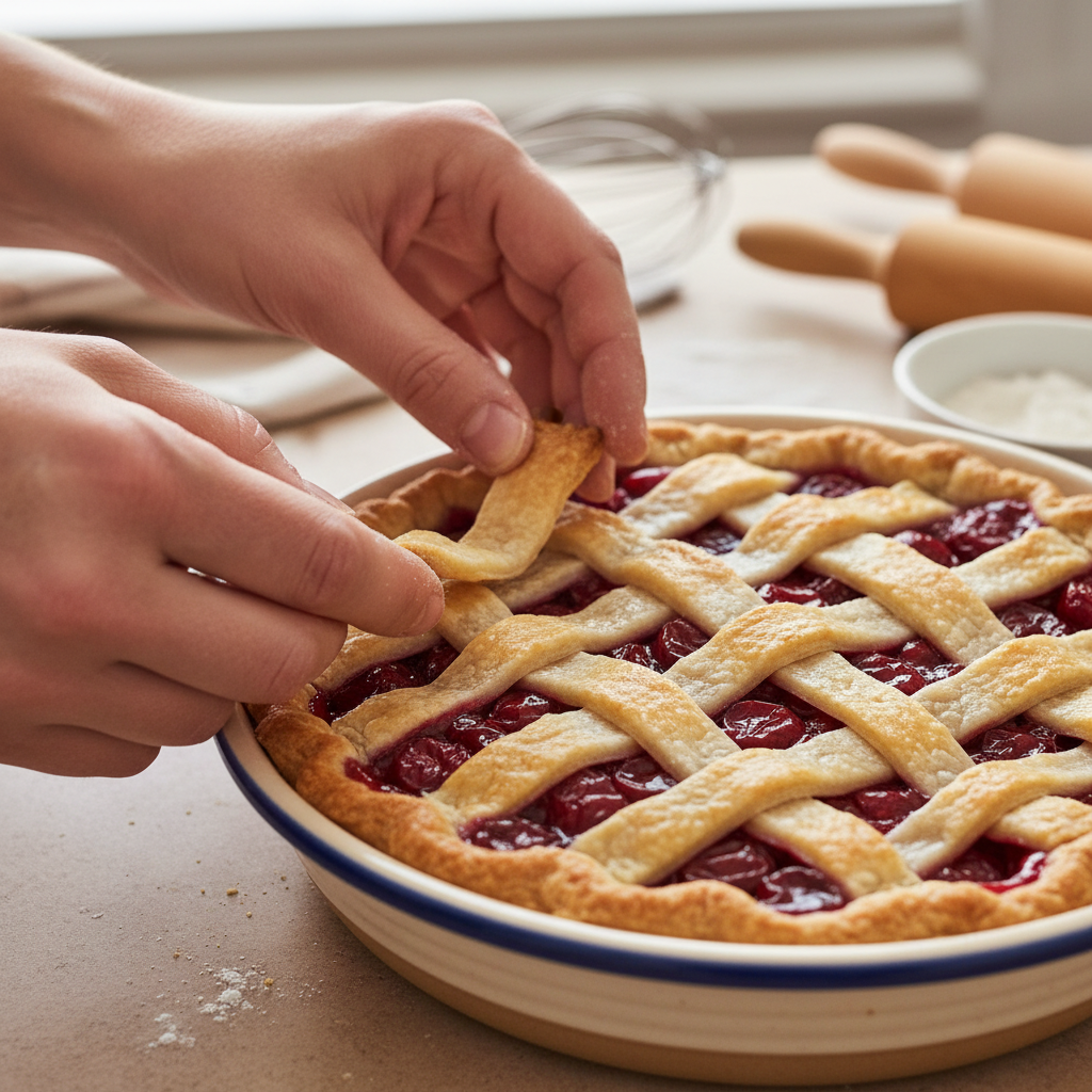 A home cook's hands expertly weaving a lattice crust over a cherry pie filling in a pie dish.