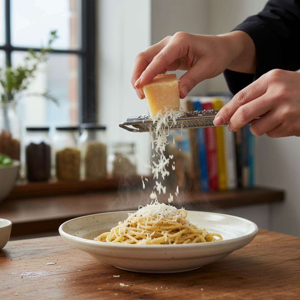 A home cook's hands grate fresh Parmesan over a steaming bowl of classic Spaghetti Cacio e Pepe in a kitchen.