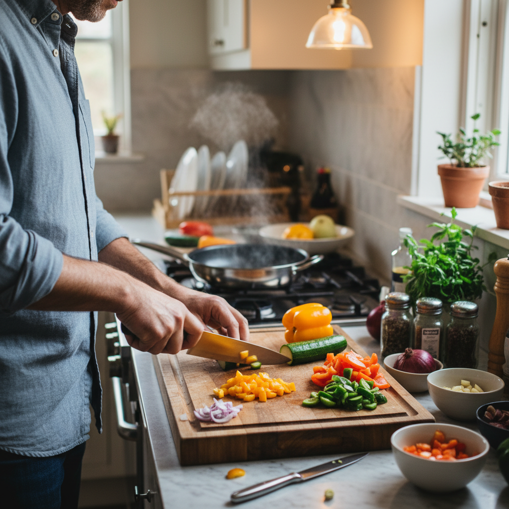 A man quickly chops fresh vegetables on a cutting board in a home kitchen, preparing a speedy vegetarian dinner.