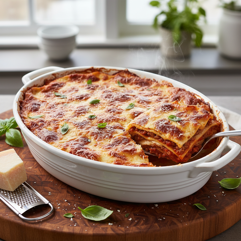 A perfectly baked, golden-brown lasagna in a white ceramic dish, with a slice partially removed revealing its rich layers of pasta, sauce, and bubbling cheese.