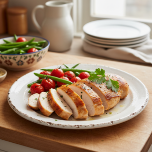 A perfectly cooked, golden-brown chicken breast dish, sliced and garnished with fresh herbs, served with vibrant roasted vegetables on a dinner plate in a home kitchen setting.