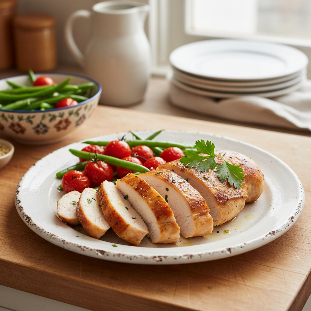 A perfectly cooked, golden-brown chicken breast dish, sliced and garnished with fresh herbs, served with vibrant roasted vegetables on a dinner plate in a home kitchen setting.