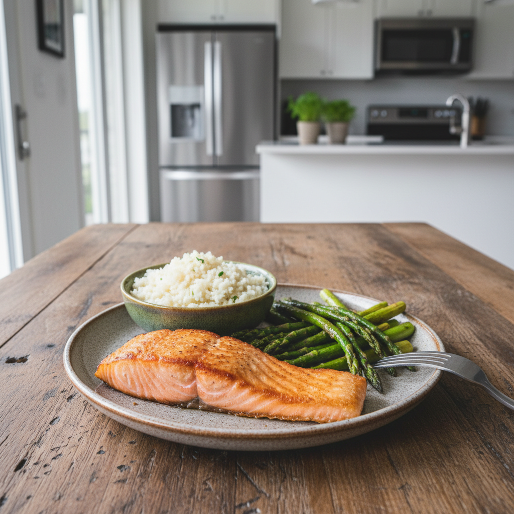 A perfectly cooked pan-seared salmon with roasted asparagus and cauliflower rice, plated on a wooden table.