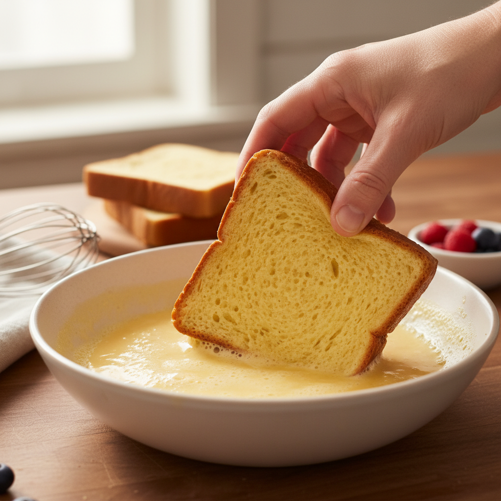 A person's hands dipping a slice of brioche bread into an egg batter in a bowl.