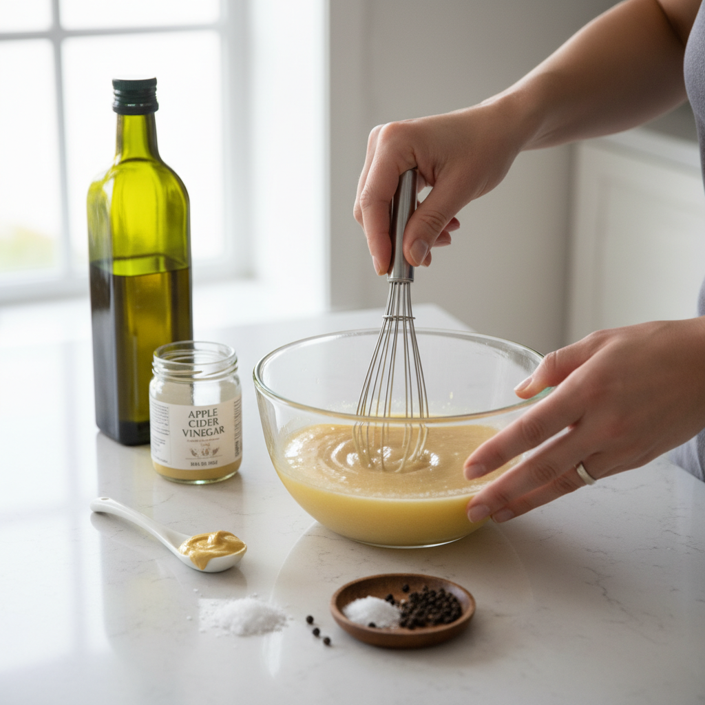 A person's hands whisking olive oil, vinegar, and other ingredients in a glass bowl to make a simple salad dressing on a kitchen counter.