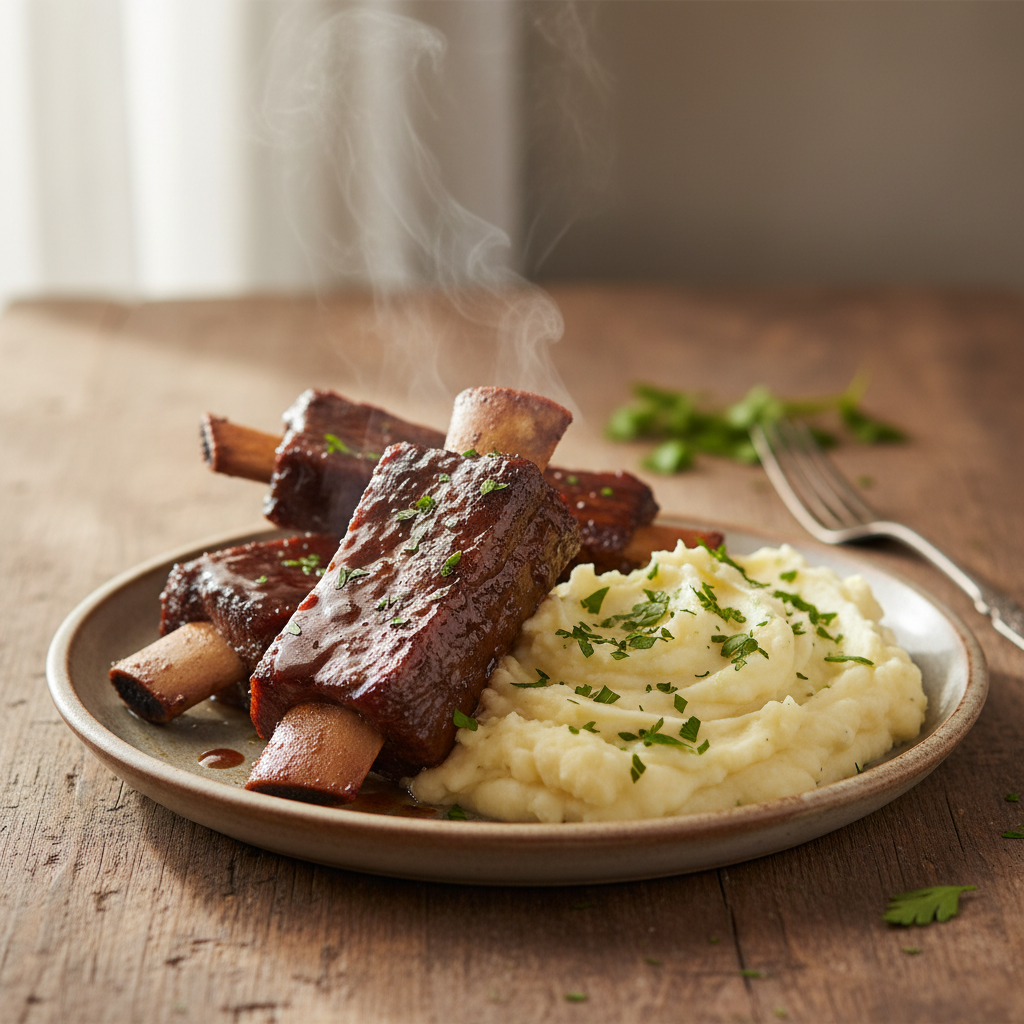 A plate of succulent beef short ribs with creamy mashed potatoes and fresh parsley.