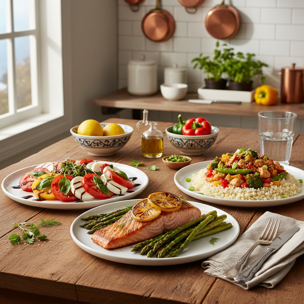 A professional flat lay photo showing three healthy low-carb meals: baked salmon with roasted asparagus, chicken stir-fry with cauliflower rice, and a fresh Caprese salad.