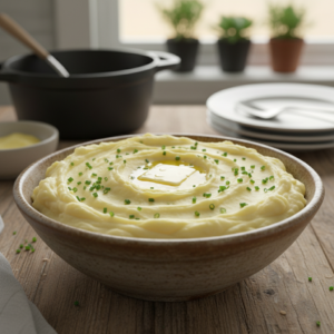 A serving bowl of creamy, fluffy mashed potatoes topped with melting butter and fresh chives on a wooden kitchen table.