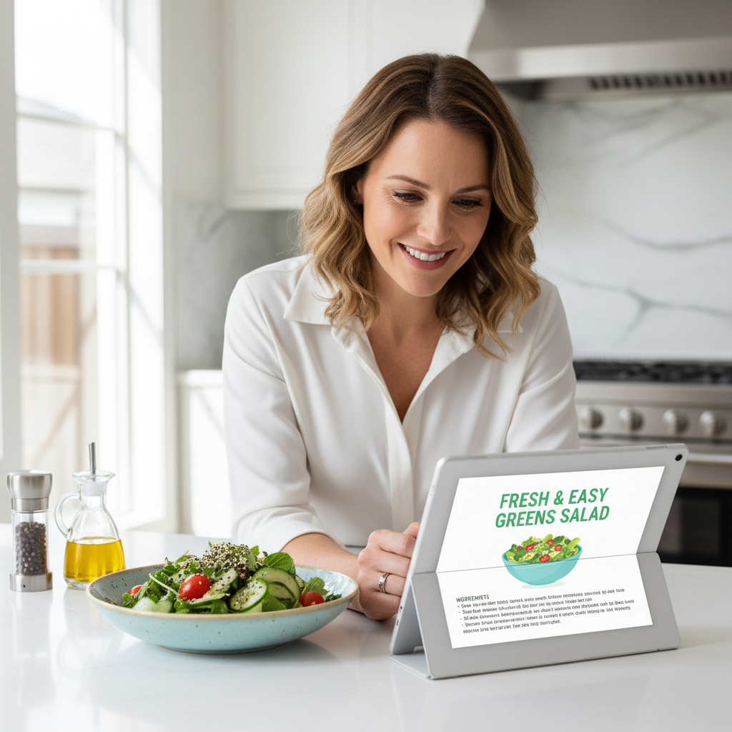 A smiling woman looks at an AI-generated salad recipe on a tablet, with a fresh, vibrant green salad in a bowl on a modern kitchen counter.