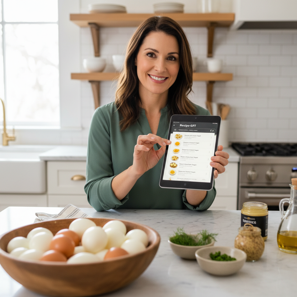 A smiling woman uses a 'Recipe-GPT' app on a tablet in a bright kitchen, with ingredients for deviled eggs visible on the counter.