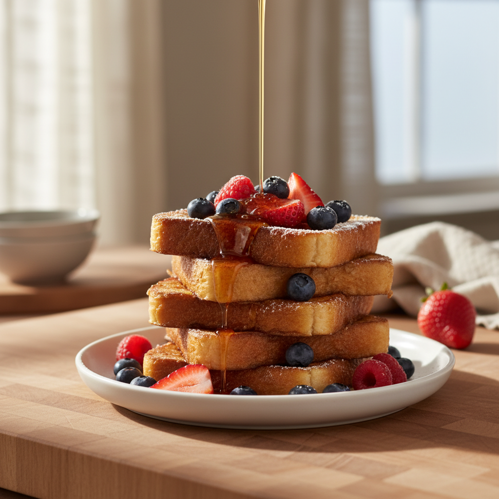 A stack of golden French toast drizzled with maple syrup, topped with fresh berries and powdered sugar, ready to be enjoyed.