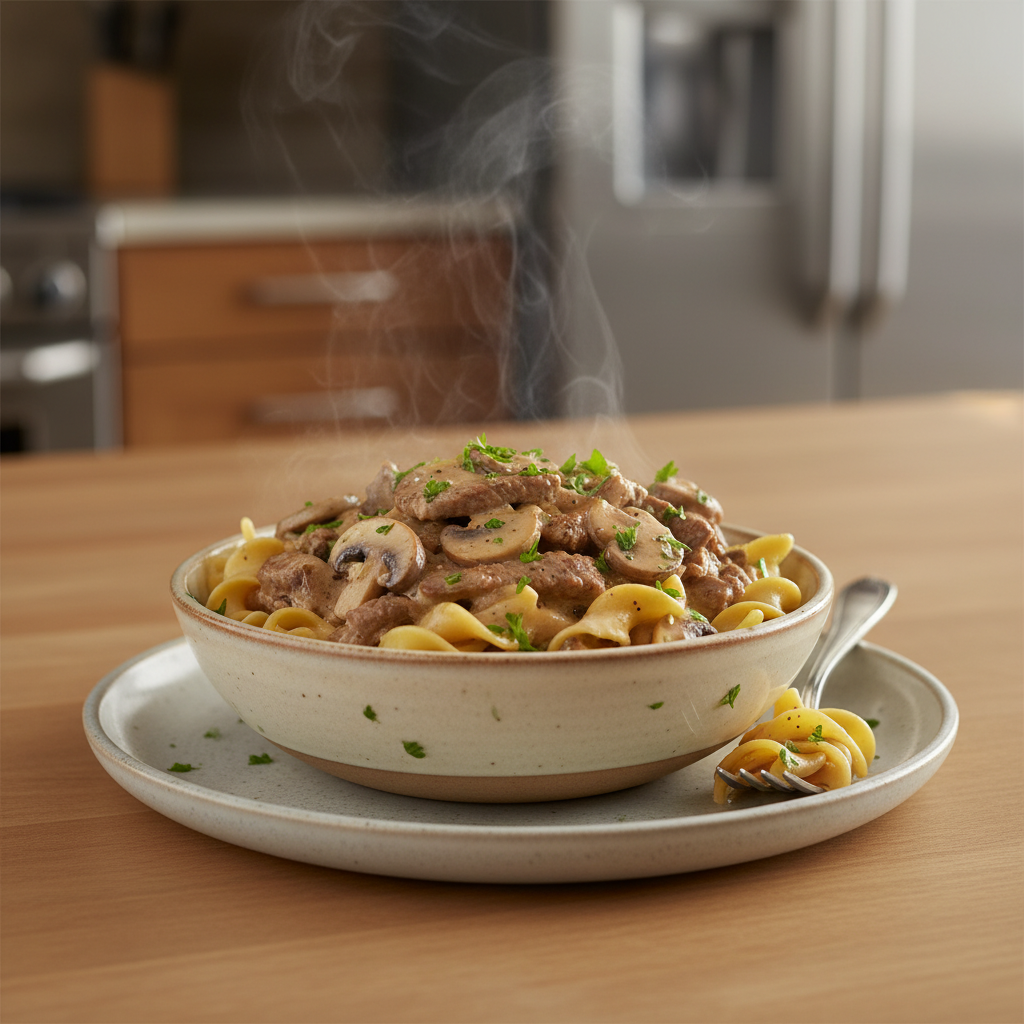 A steaming bowl of creamy beef stroganoff with tender beef slices and mushrooms, served over egg noodles and garnished with parsley.