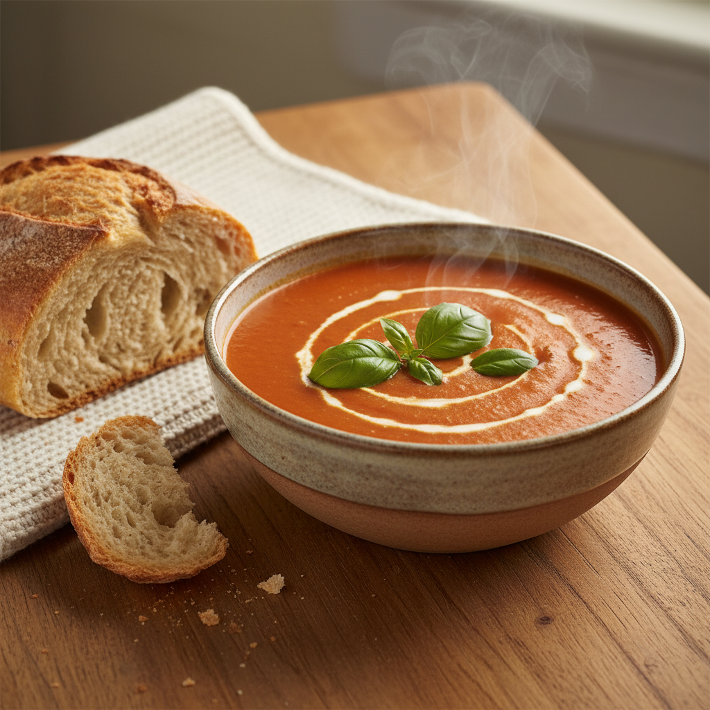 A steaming bowl of creamy tomato soup garnished with fresh basil and a swirl of cream, served with crusty bread on a cozy wooden table.