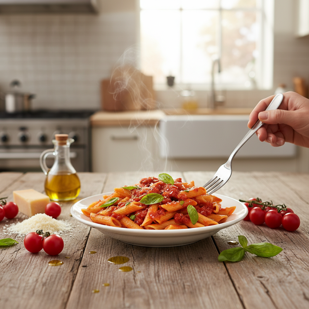 A steaming bowl of vibrant pasta with fresh tomatoes, basil, and Parmesan cheese, ready to eat in a modern kitchen.