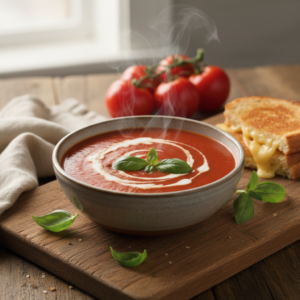 A steaming, creamy bowl of homemade tomato soup garnished with fresh basil, served in a rustic bowl.
