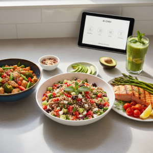 A vibrant flat lay of various healthy, easy-to-make meals like quinoa salad, grilled salmon, and stir-fry on a kitchen counter, with a tablet subtly displaying an AI recipe on its screen.